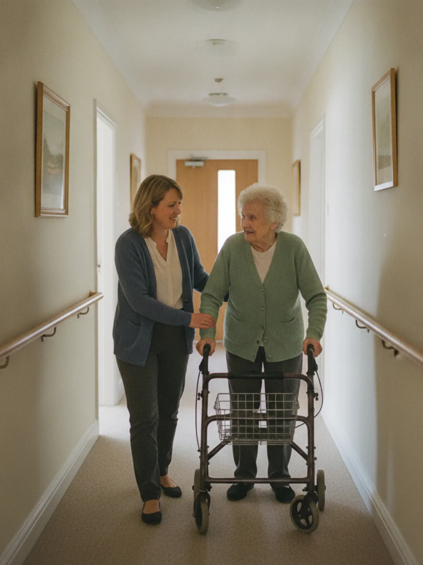 A caregiver walking beside an older woman using a walker in a community hallway