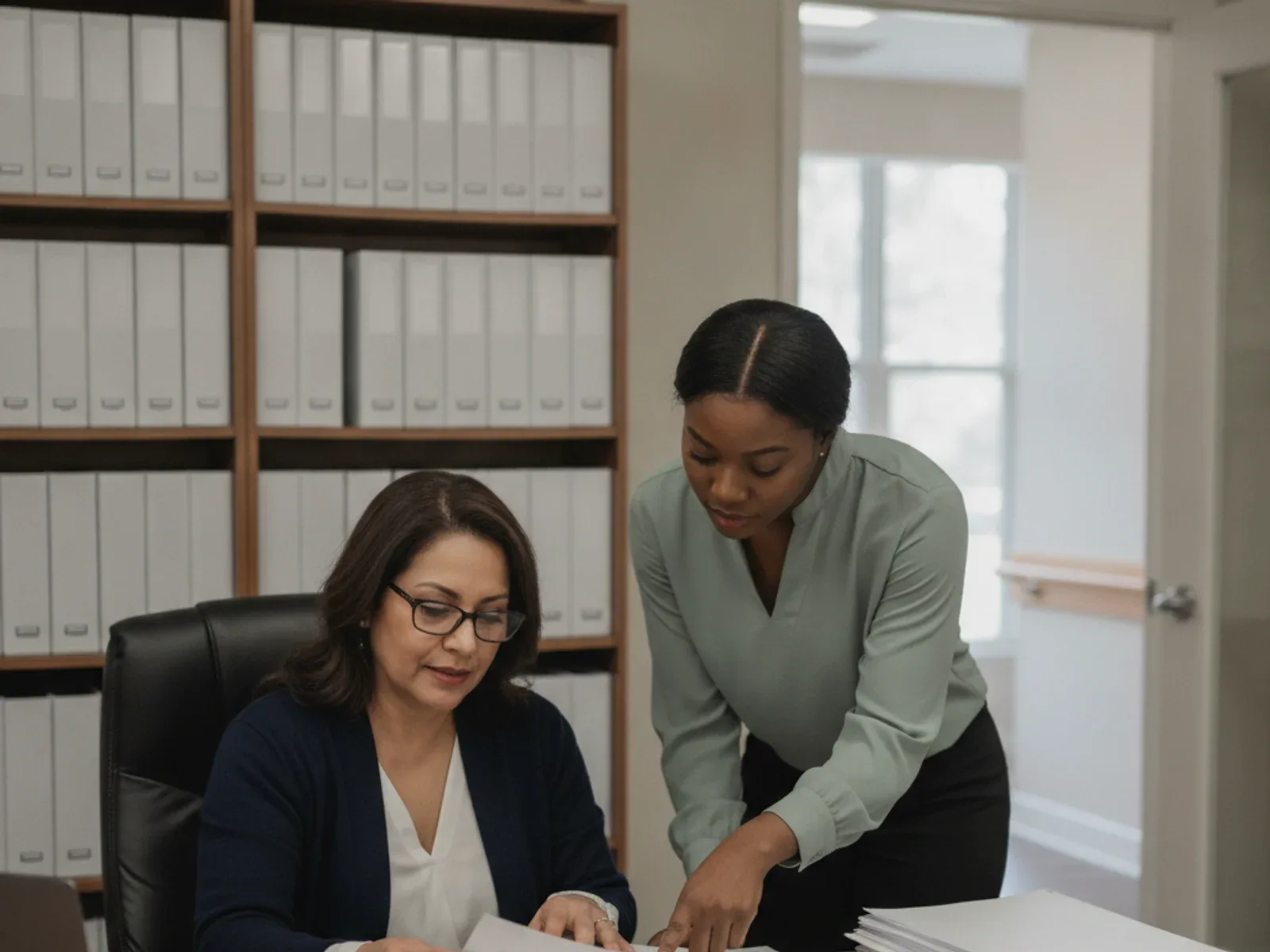 A nurse leader and a colleague reviewing regulations at a desk in an assisted living community office